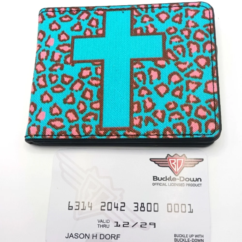 Blue Cross Pattern Bi Fold Wallet Vegan Leather New Made USA